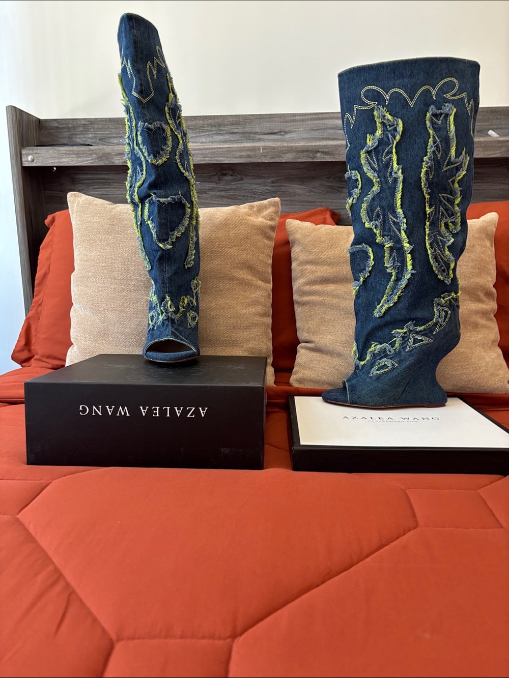 AKIRA Denim Peep-Toe Embroidered Knee Boots in Dark Blue and Lime